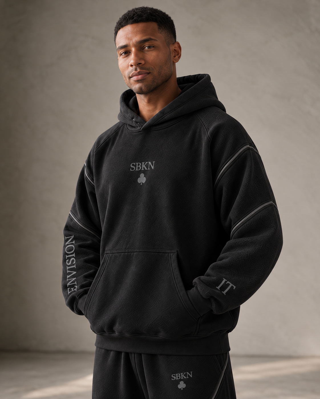 SBKN Hoodie | Black / Onyx | three quarter | AI concept render