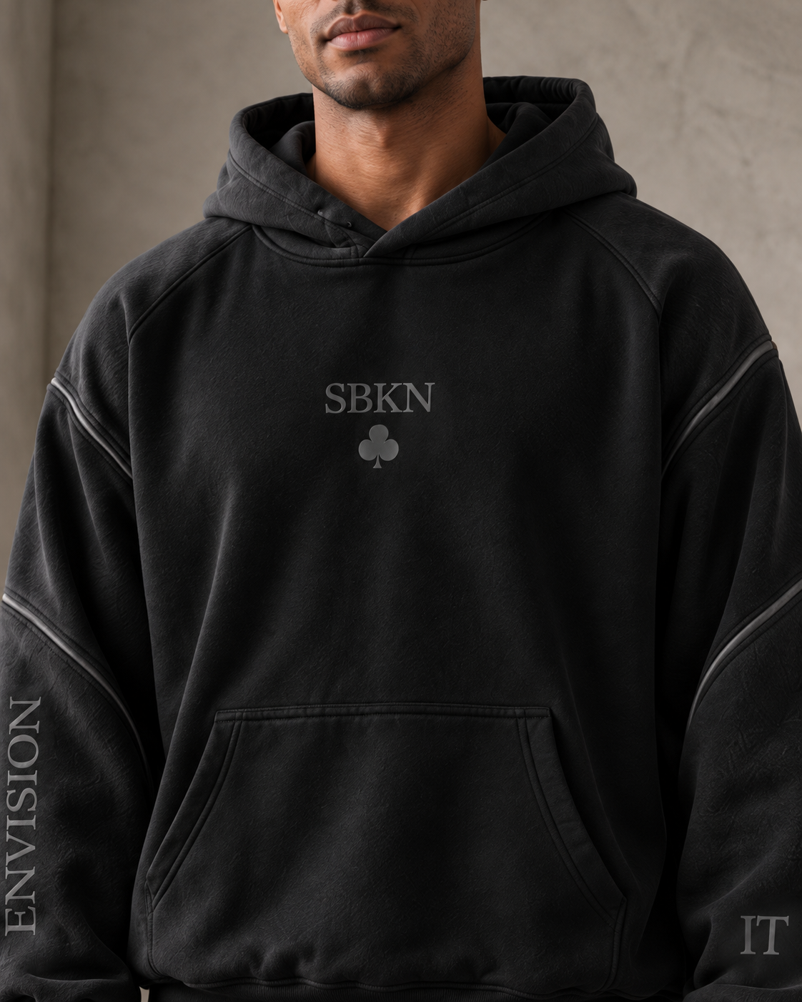 SBKN Hoodie | Black / Onyx | front detail | AI concept render