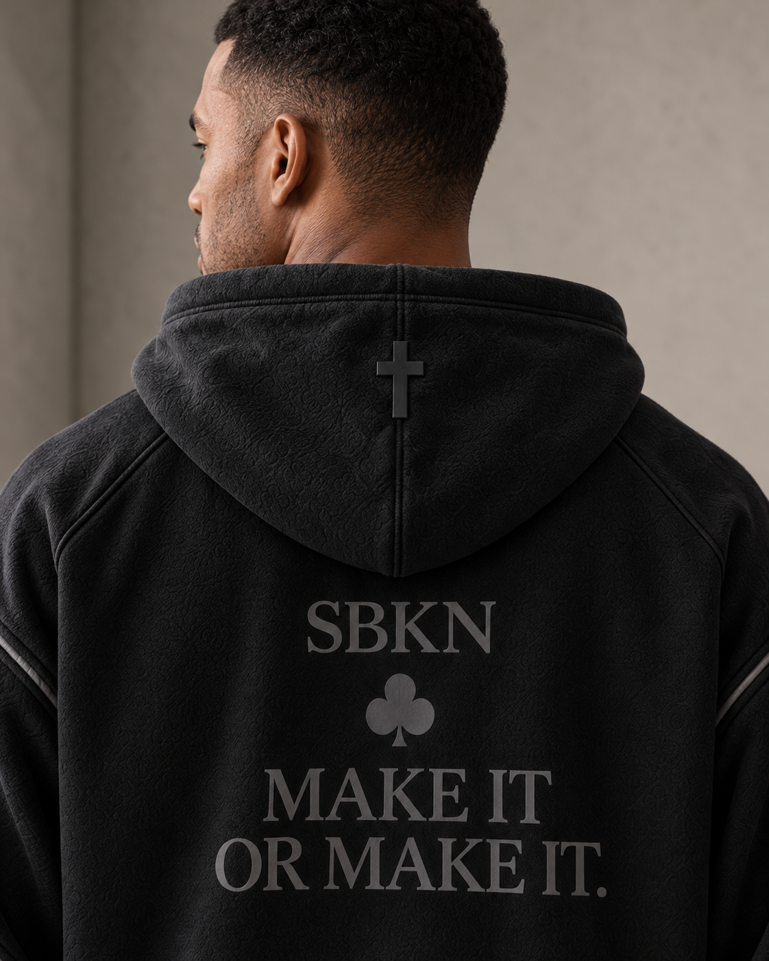SBKN Hoodie | Black / Onyx | cross detail | AI concept render