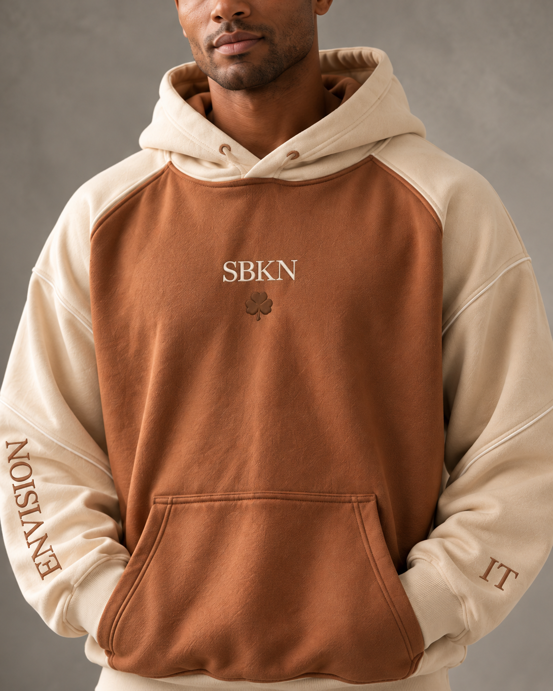 SBKN Hoodie | Mocha / Cream | front detail | AI concept render