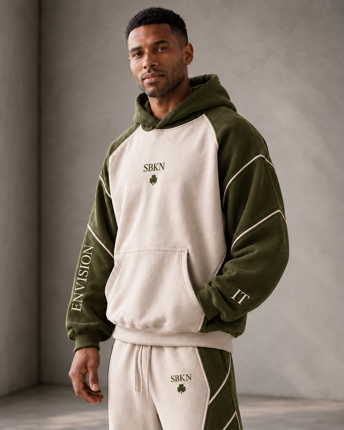 SBKN Hoodie | Olive / Bone | three quarter | AI concept render