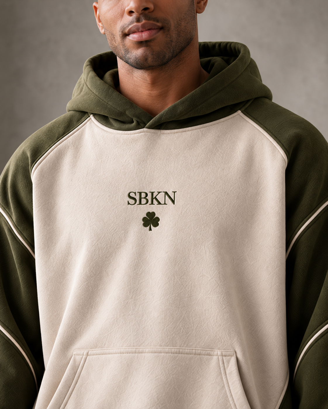 SBKN Hoodie | Olive / Bone | front detail | AI concept render