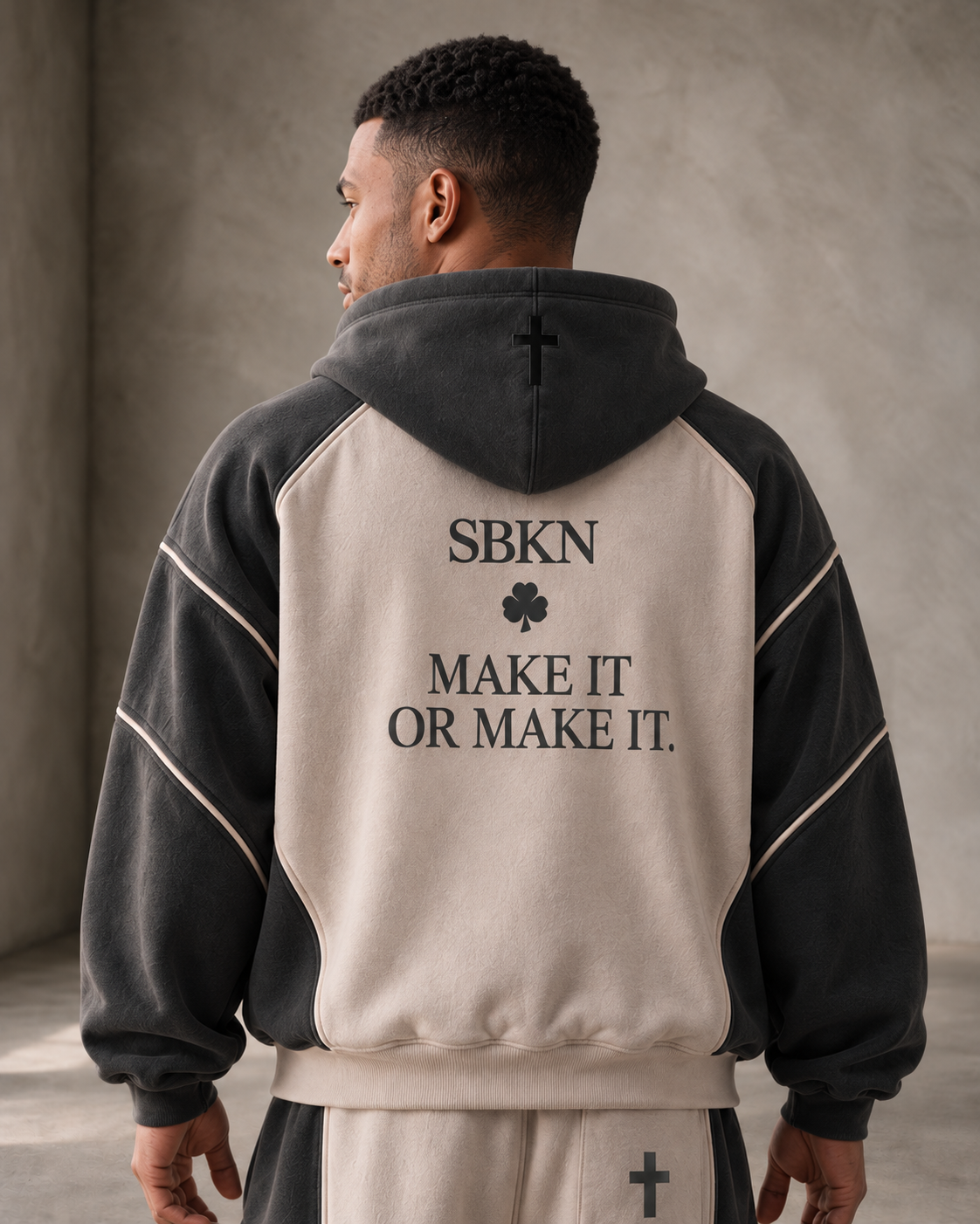 SBKN Hoodie | Stone / Charcoal | back | AI concept render