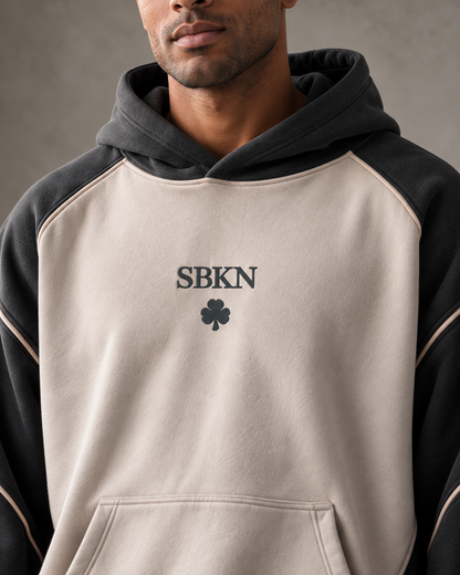 SBKN Hoodie | Stone / Charcoal | front detail | AI concept render